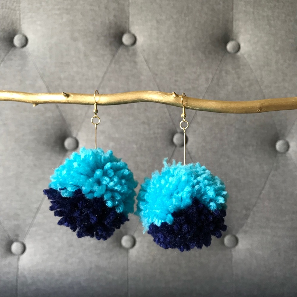 Brand new 18k Gold Plated Blue Pom Earrings / Poms